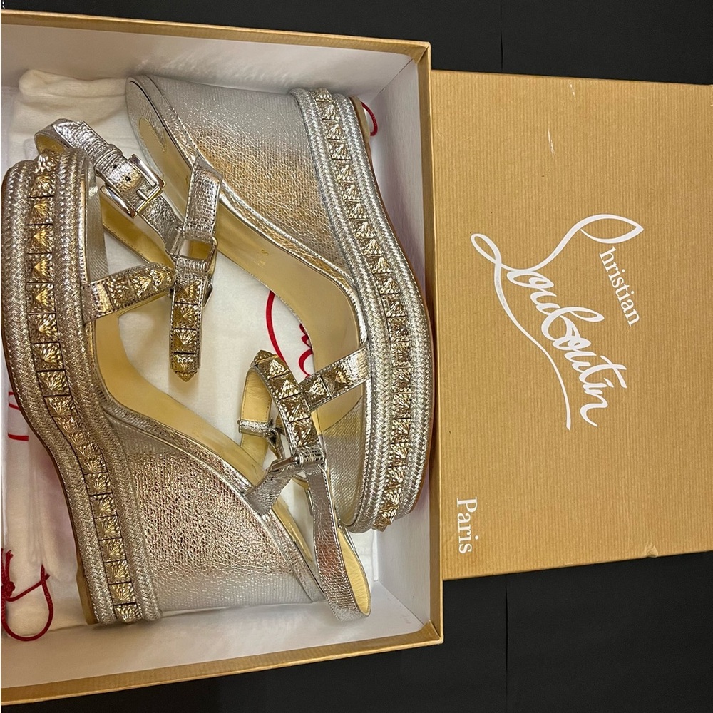 Christian Louboutin Pyraclou silver metallic wedges. Brand new w/ box & pouch